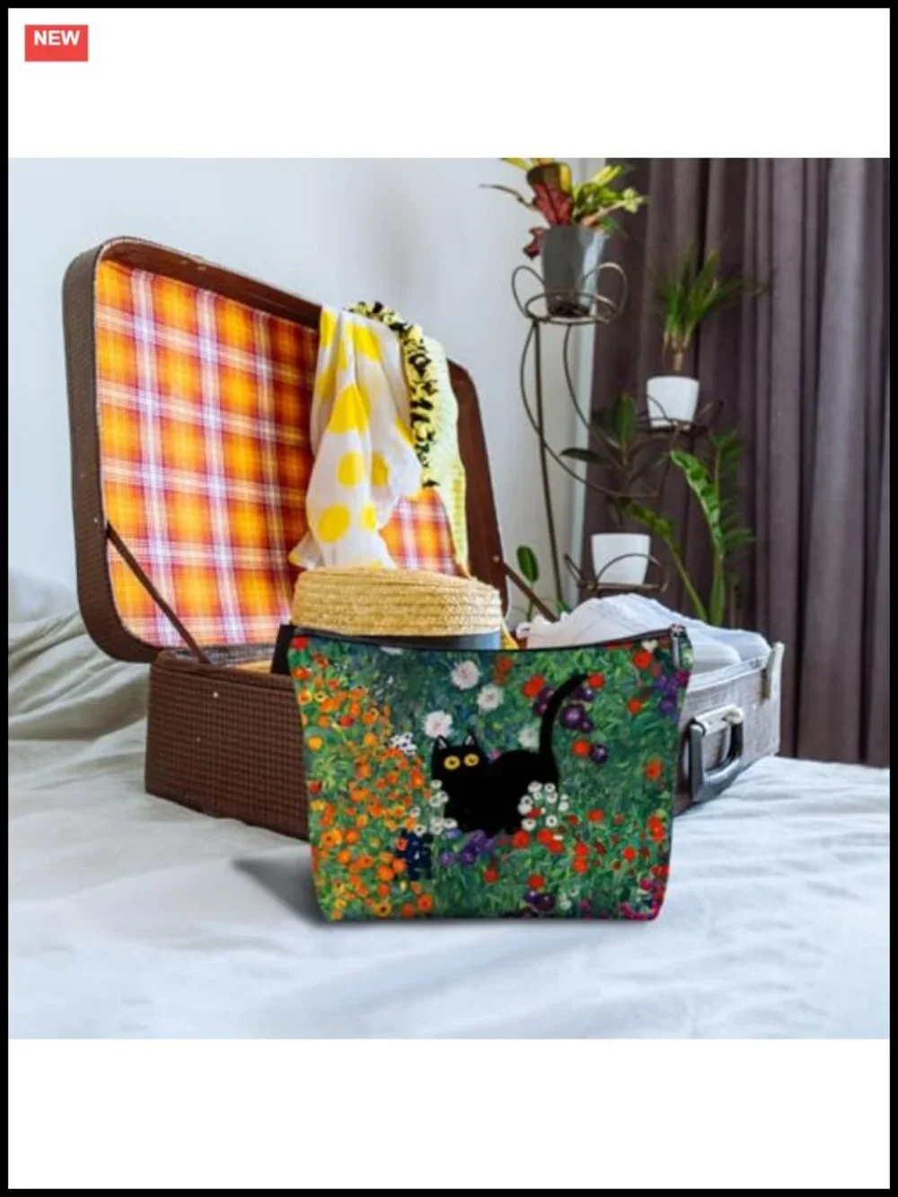 Linen Floral Cat Makeup Bag - Cosmetic Toiletry Travel Organizer for Cat Lovers